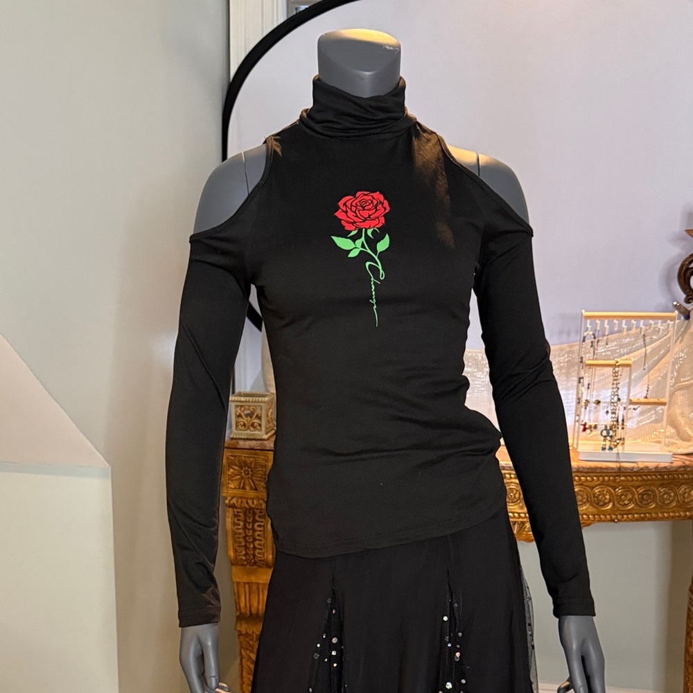 SHEIN Black Cold Shoulder Top with Red Rose